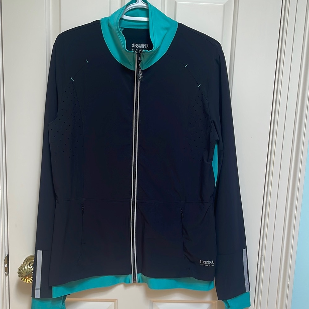 Running Room sz XL slim fit running jacket - black teal green accents